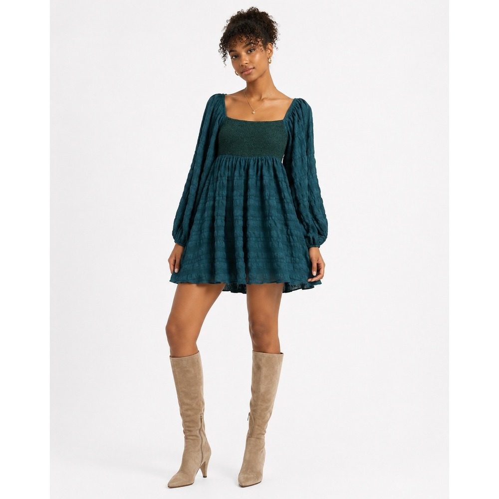 VICI Smocked Textured Babydoll Balloon Sleeve Tunic Top Teal Boho Size Medium
